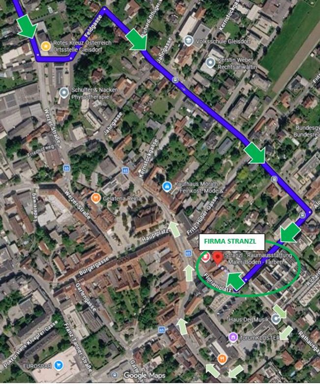 Karte mit einem blauen Weg, der zur Firma Stranzl führt, umgeben von Straßen und Gebäuden in der Stadt.